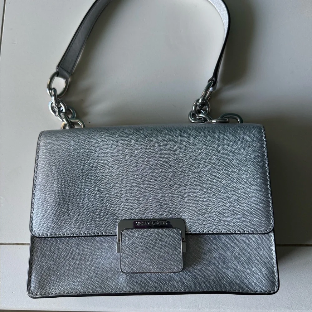Michael Kors Silver Cynthia small shoulder flap bag